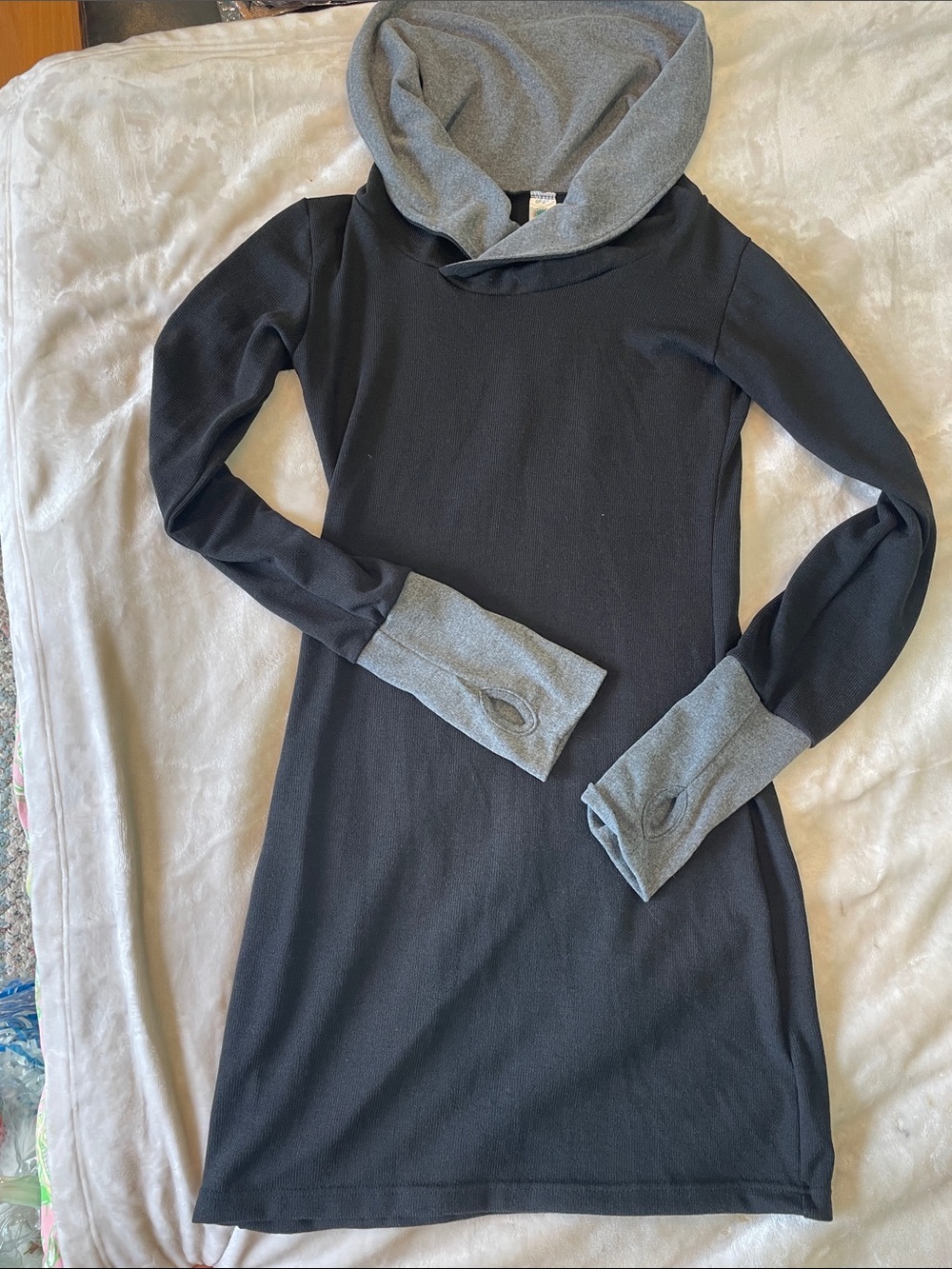 Women’s Long Sleeve Hooded Sweater Dress - Black with Gray Trim